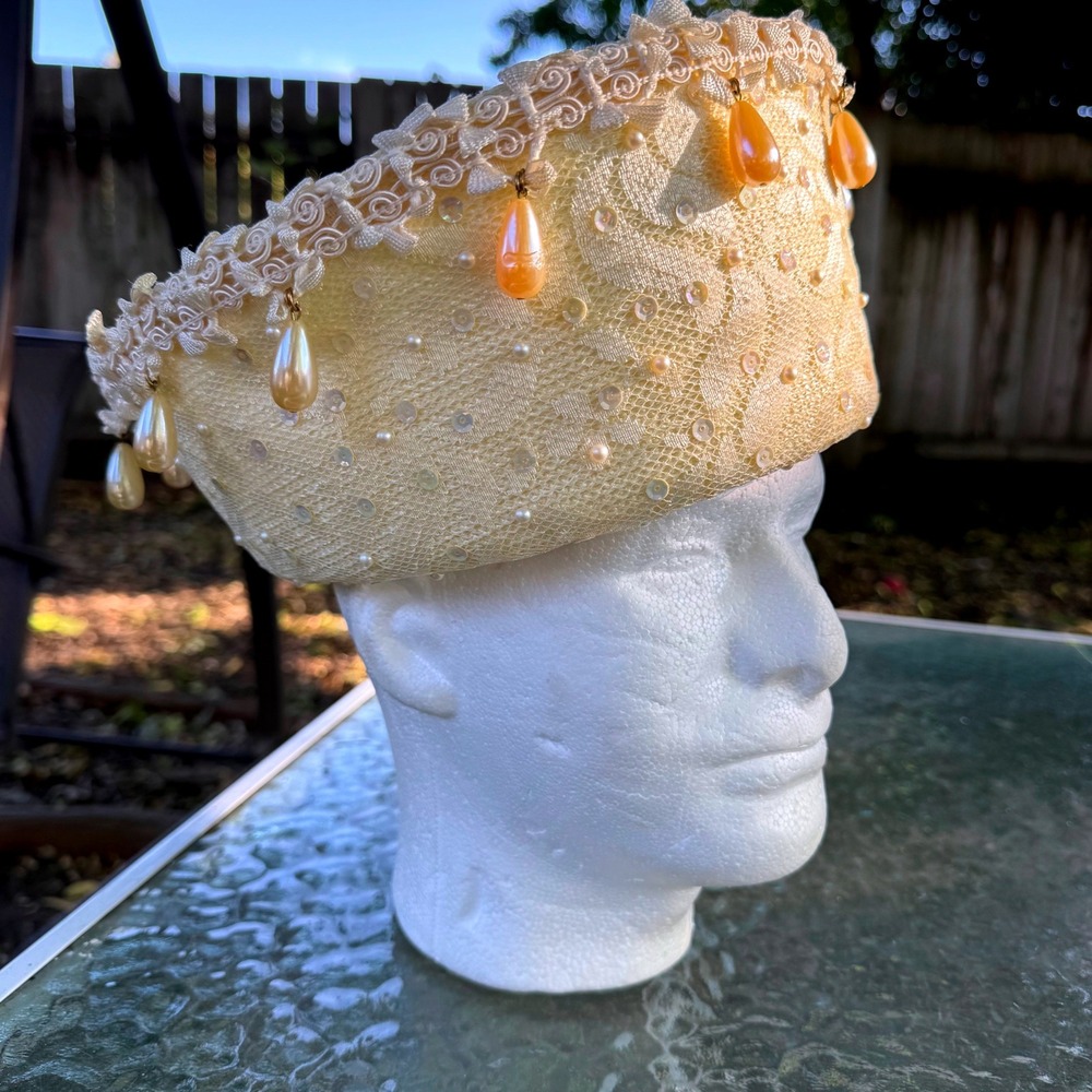 Whittall & Shon Vintage Yellow Lace Pillbox Hat Pearl Sequin Teardrop Charms